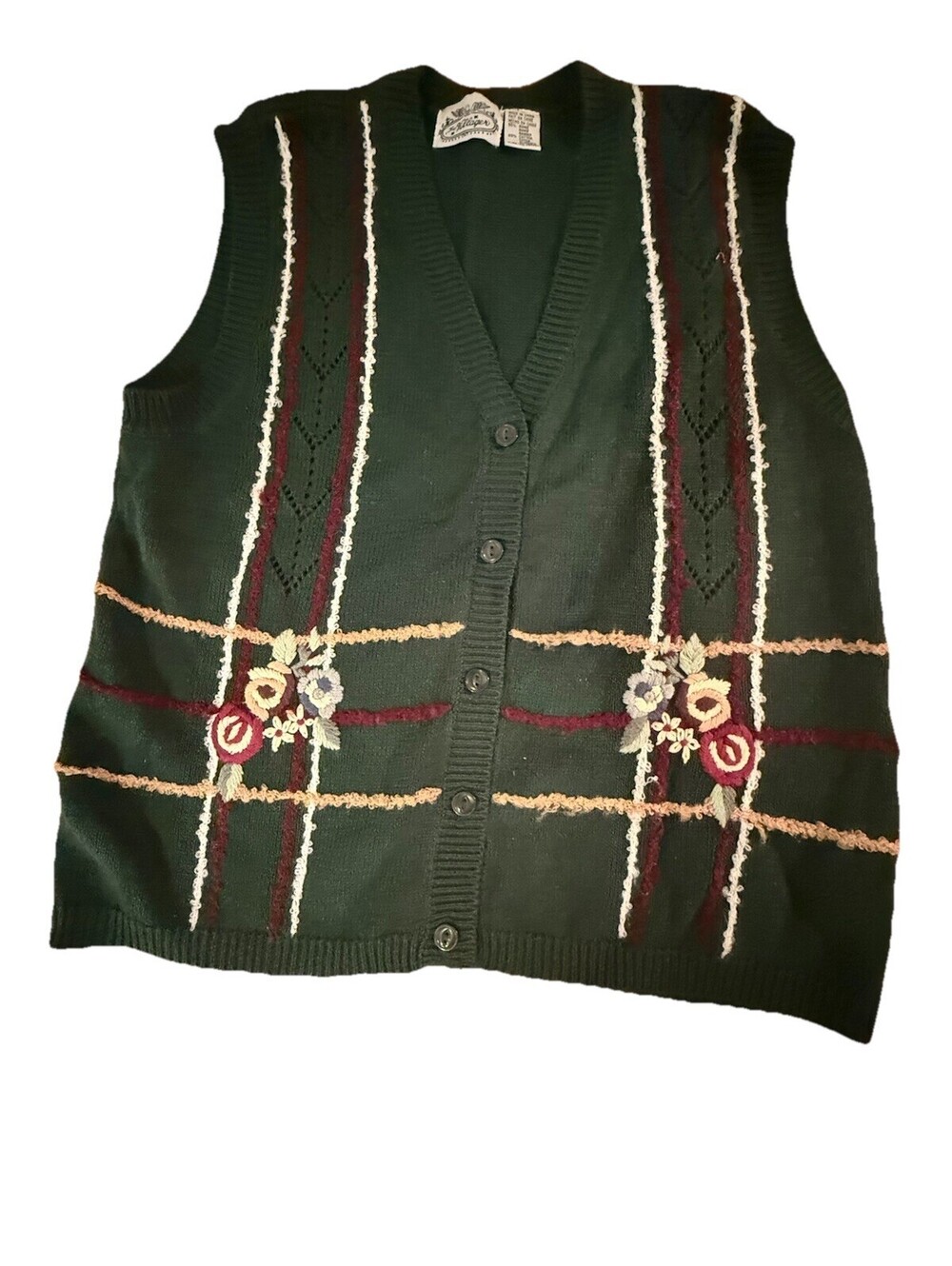 The Villager Vintage Green Floral Embroidered Button Front Sweater Vest Medium